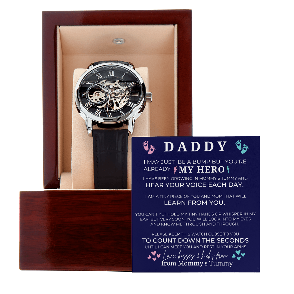 Steampunk Daddy To Be Luxury Watch, Automatic Mechanical Skeleton Wristwatch w/ Genuine Leather Band, First Time Dad Gift for Him