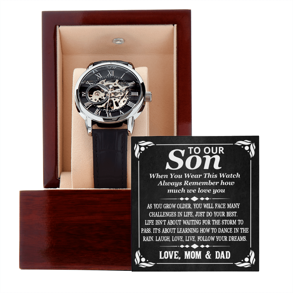 To Our Son Follow Your Dreams Men Openwork Watch | Gift from Mom & Dad | Encouragement Gift for Son | Birthday Gift, Graduation