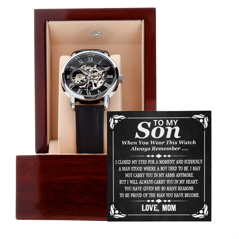 To My Son I Am Proud Of The Man That You Have Become Men Openwork Watch | Gift from Mom | Appreciation Gift for Son | Birthday Gift, Graduation