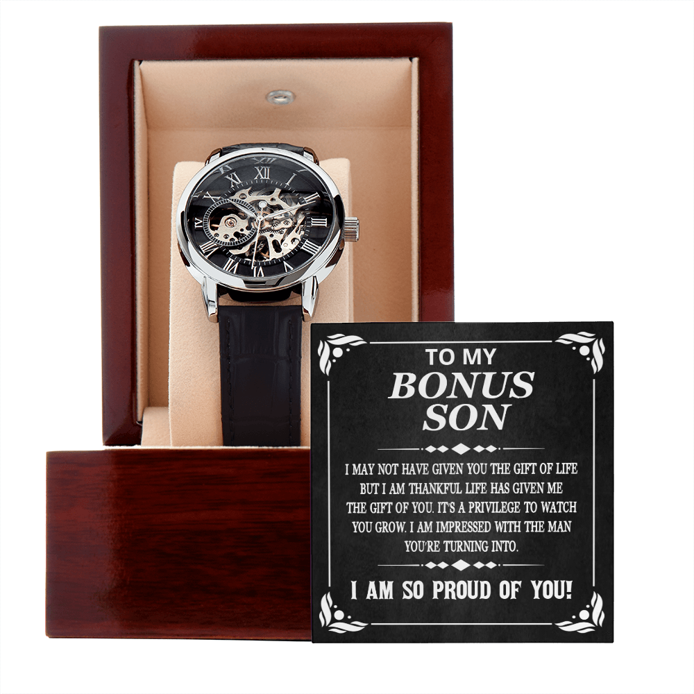 To My Bonus Son I Am So Proud Of You Men Openwork Watch | Gift from Mom | Gift from Dad | Appreciation Gift for Son | Birthday Gift, Graduation