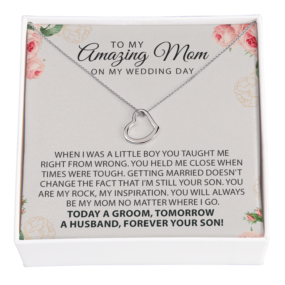 To My Amazing Mom On My Wedding Day Heart Necklace | Gift for Groom Mom |  Wedding Gift For Mom | Mother of the Groom Wedding Gift | Sentimental Necklace Gift For Mother