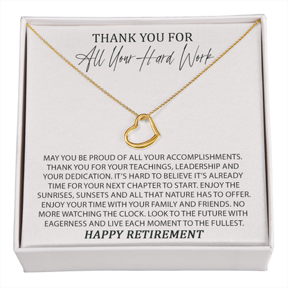 Thank You For All Your Hard Work New Heart Necklace | Retirement Necklace for Women |  Colleagues | Leave Job | Jewelry from Coworkers