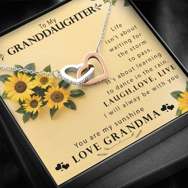 To My Granddaughter, Life Is About Dancing In the Rain Interlocking Heart Necklace