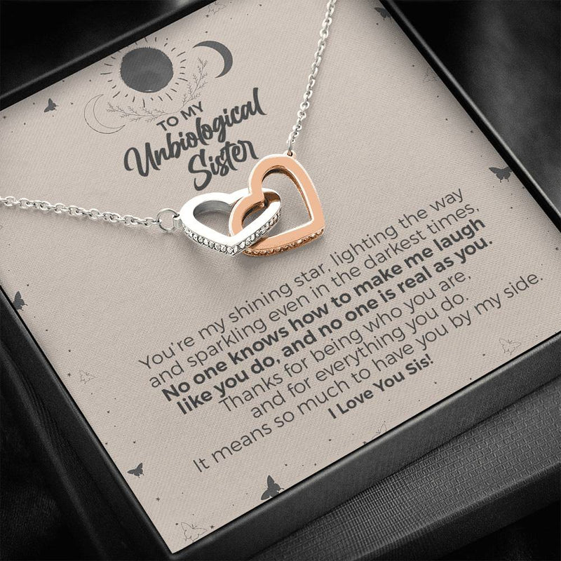 To My Unbiological Sister, You Are My Shining Star Interlocking Heart Necklace