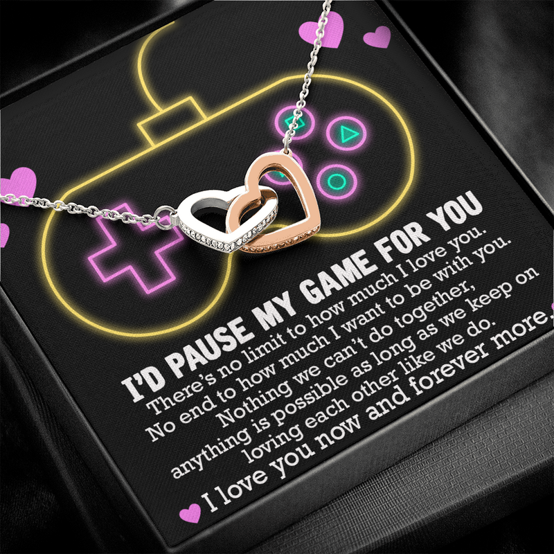 To My Gaming Partner, I Would Pause My Game For You Interlocker Heart Necklace | Valentine's Gift For Girlfriend, Wife | Gaming Couple