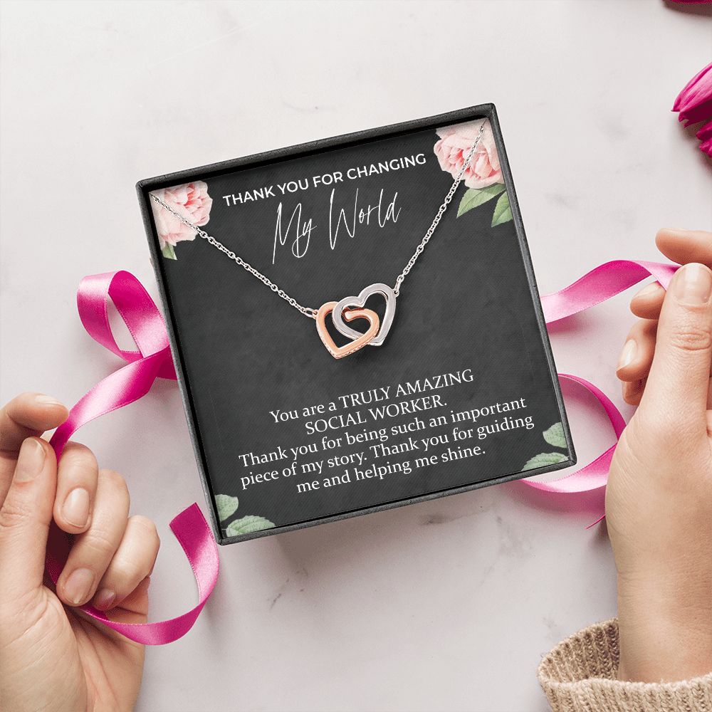Thank You For Changing My World Interlocking Hearts Necklace | Social Worker Appreciation Gift | Farewell Gift | Amazing Social Worker Gift