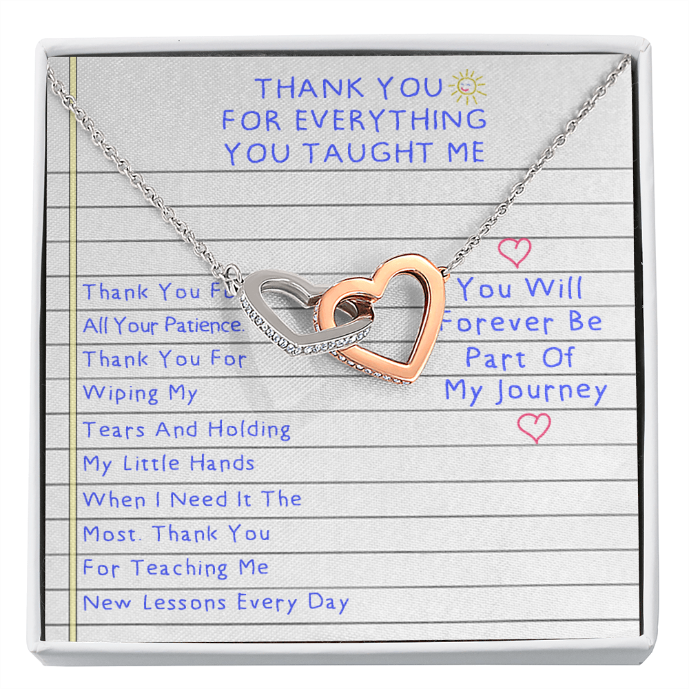 Thank You For Everything You Taught Me Interlocking Hearts Necklace | Teacher Appreciation Gift | Thank You Gift for Nanny | Necklace Gift for Babysitter | Caregiver Appreciation Gift
