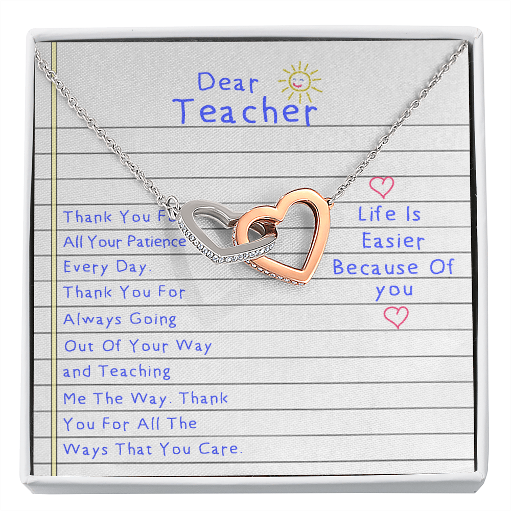 Dear Teacher Life Is Easier Because Of You Interlocking Hearts Necklace | Thank You Gift for Teacher | Preschool Teacher Gift | Gift for Caregiver | Daycare Teacher Appreciation Gift