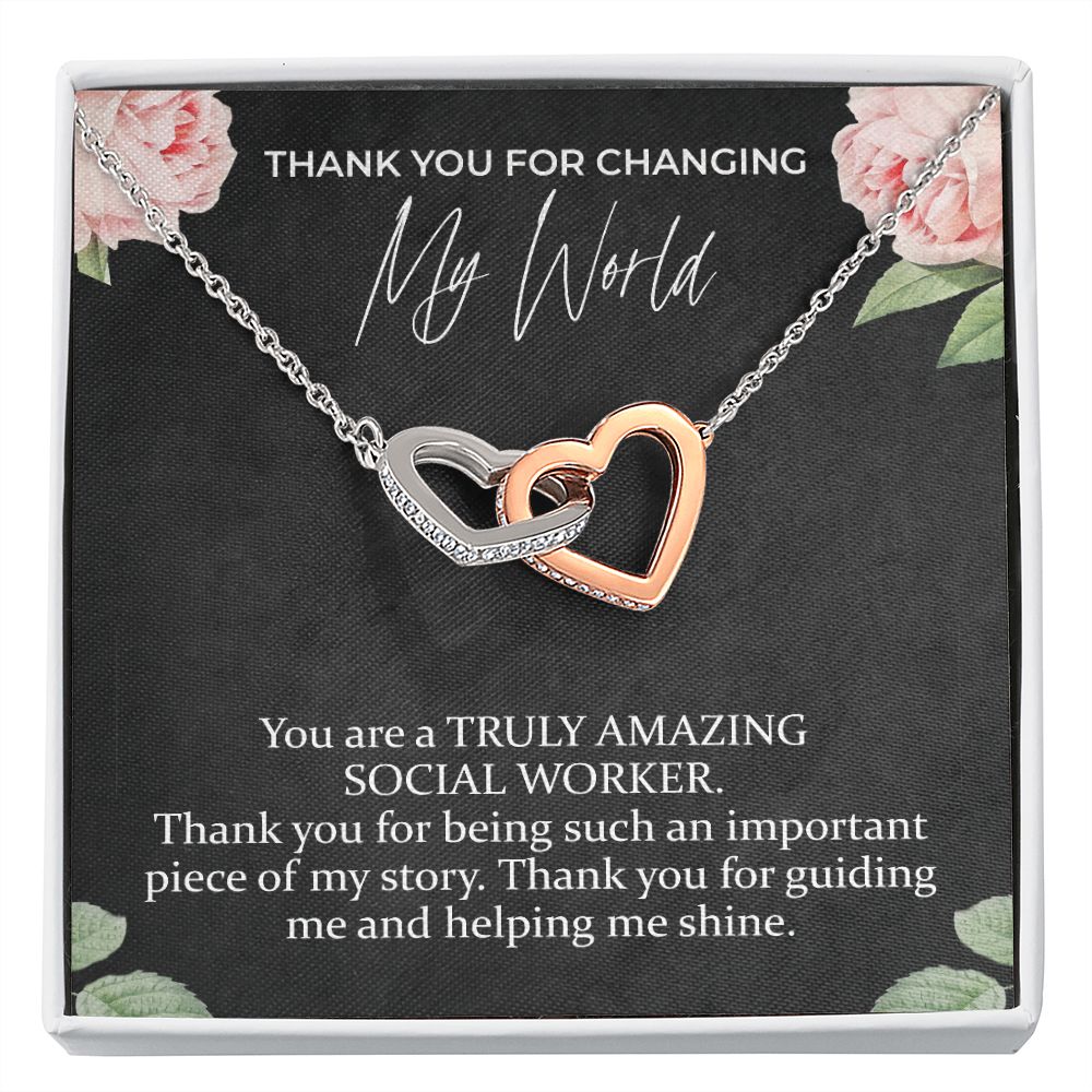 Thank You For Changing My World Interlocking Hearts Necklace | Social Worker Appreciation Gift | Farewell Gift | Amazing Social Worker Gift