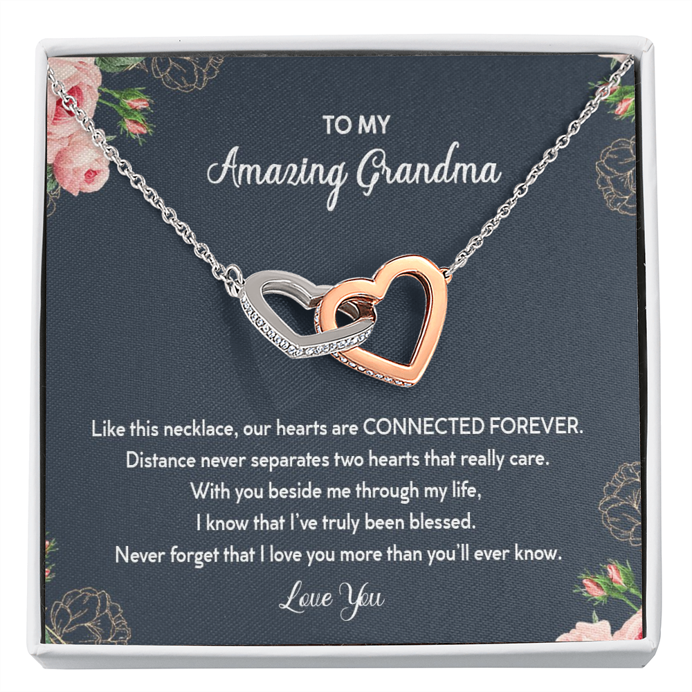 To My Amazing Grandma Distance Never Separates Two Hearts Interlocked Hearts Necklace |  Gift from Granddaughter/Grandson | Birthday, Christmas, & Mother's Day Gift for Grandma/Grandmother