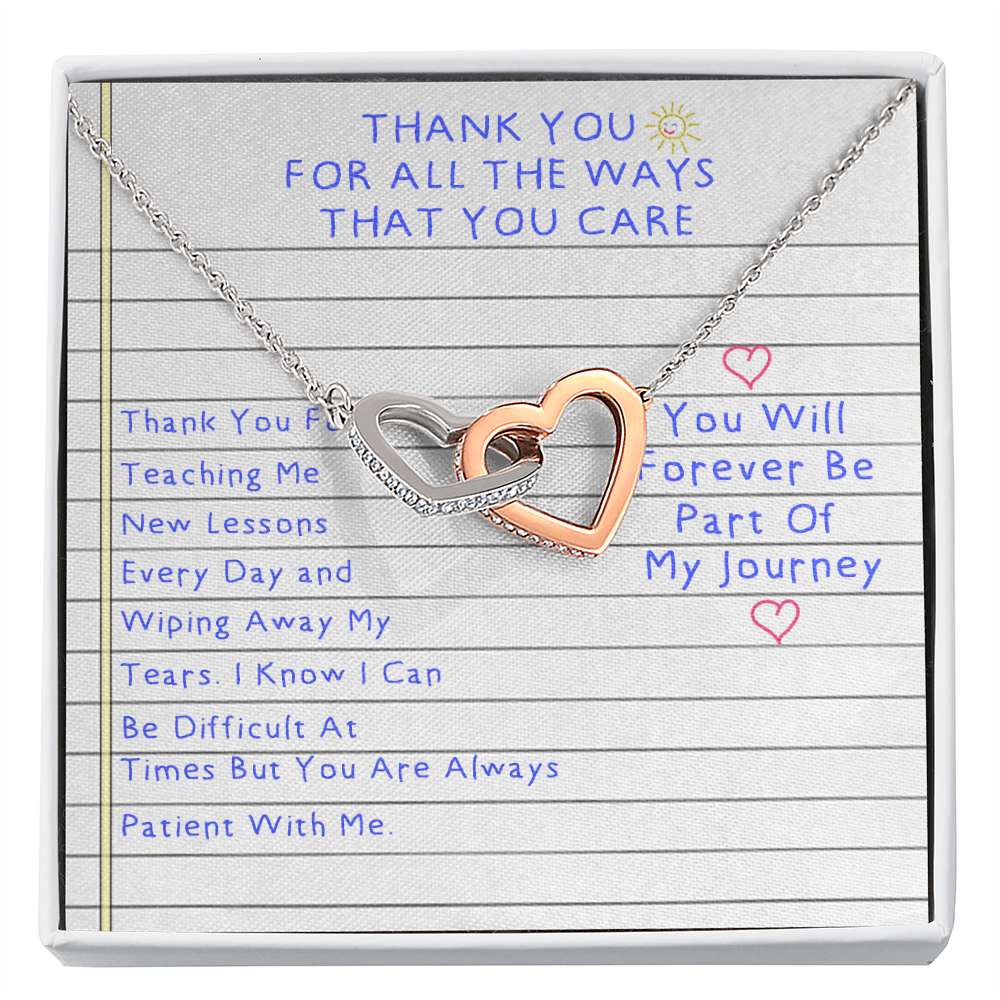 Thank You For All The Ways That You Care Interlocking Hearts Necklace | Thank You Gift for Daycare Teacher | Nanny Gift | Gift for Babysitter | Caregiver Appreciation Gift