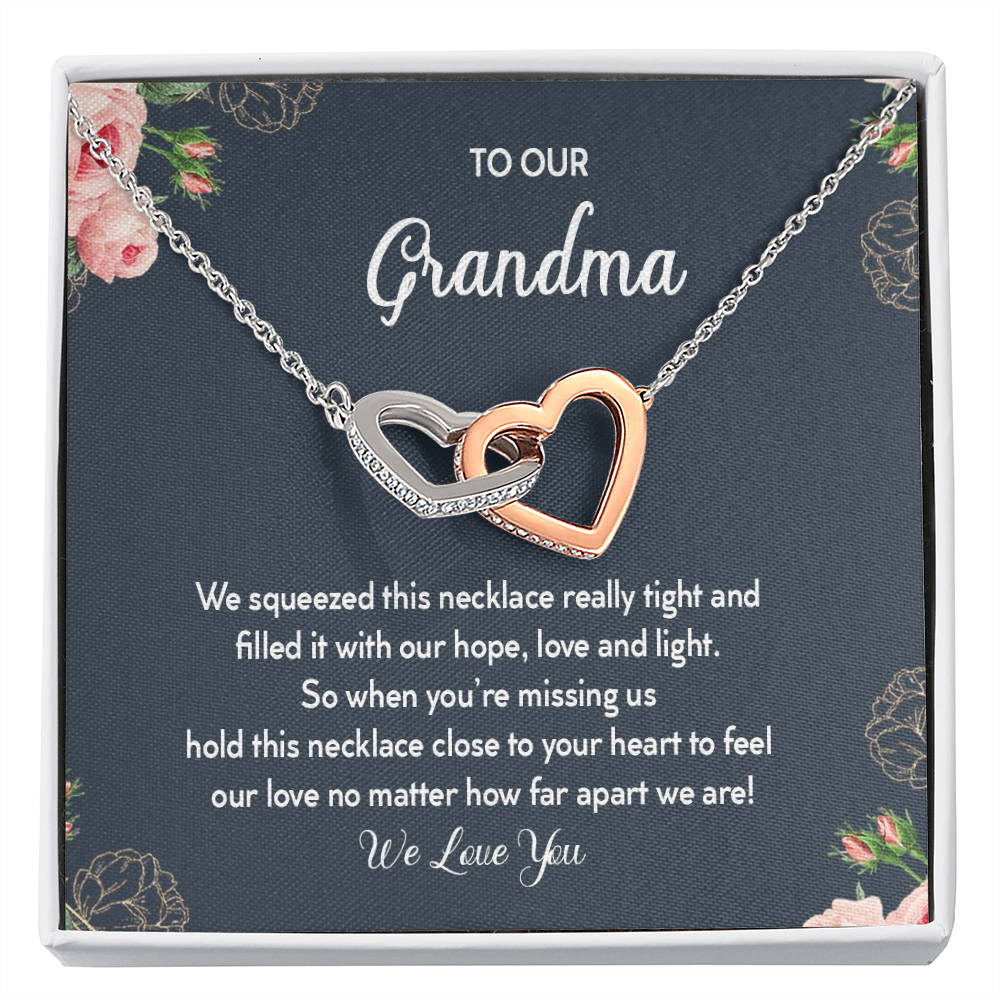 To Our Grandma Feel Our Love No Matter How Far Interlocked Hearts Necklace |  Gift from Granddaughter/Grandson/Grandchildren | Birthday, Christmas, & Mother's Day Gift for Grandma/Grandmother