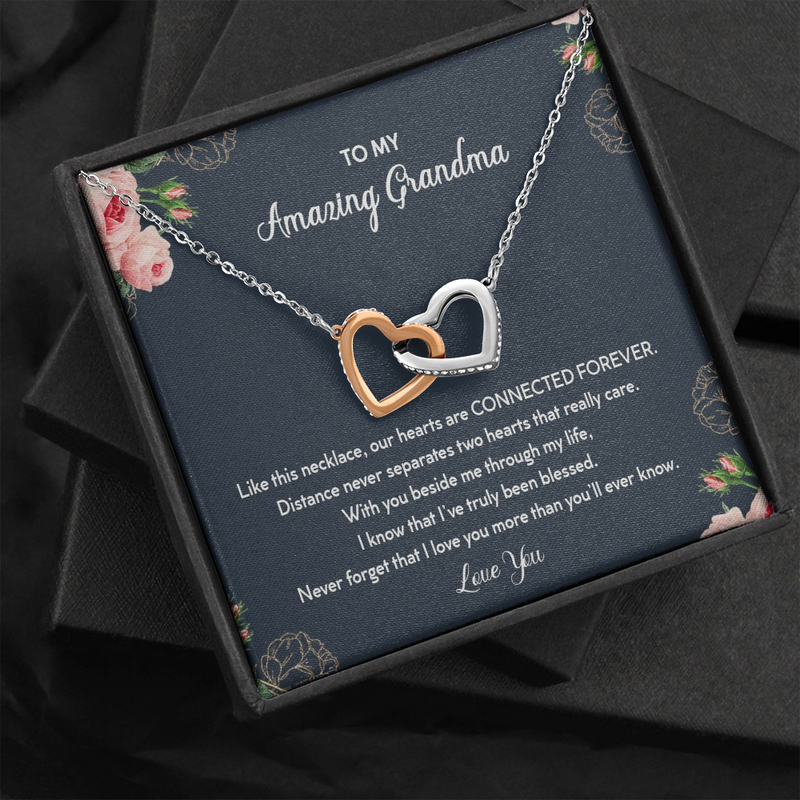 To My Amazing Grandma Distance Never Separates Two Hearts Interlocked Hearts Necklace |  Gift from Granddaughter/Grandson | Birthday, Christmas, & Mother's Day Gift for Grandma/Grandmother