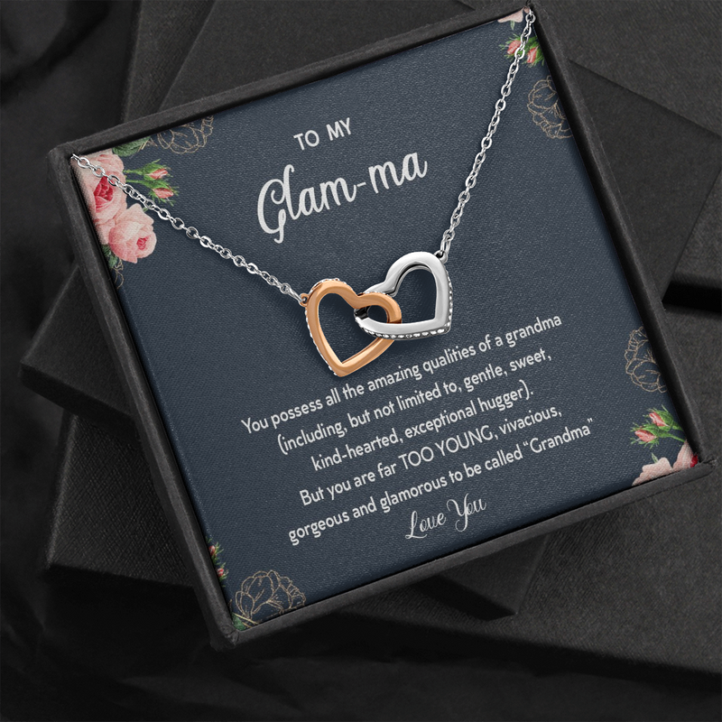 To My Glam-Ma Too Young To Be Called Grandma Interlocked Hearts Necklace |  Gift from Granddaughter/Grandson | Birthday, Christmas, & Mother's Day Gift for Grandma/Grandmother