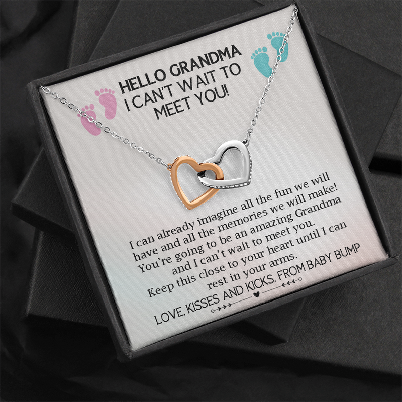 Hello Grandma I Cant Wait to Meet You From Baby Bump Interlocking Hearts Necklace| Gift for Grandma| Gift From Baby Bump| Gift for New Grandma| Pregnancy Reveal Gift