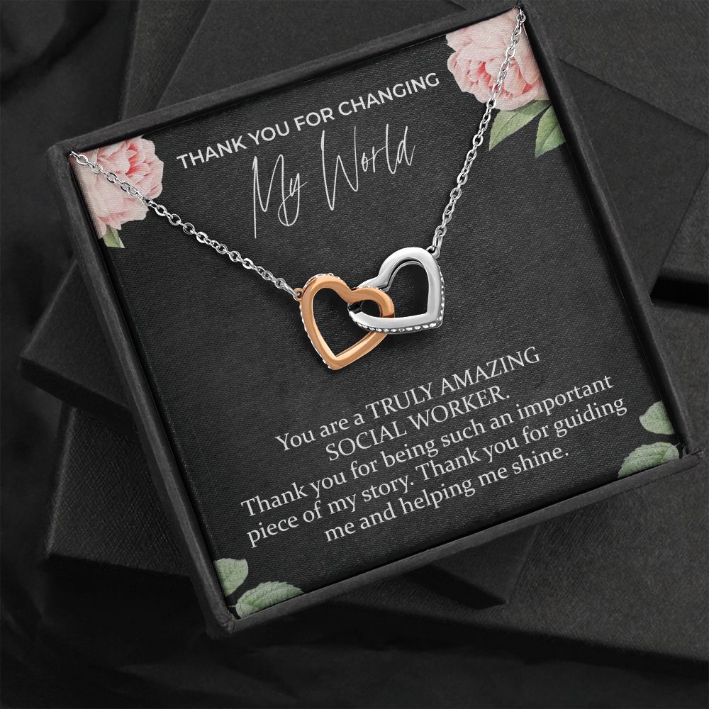 Thank You For Changing My World Interlocking Hearts Necklace | Social Worker Appreciation Gift | Farewell Gift | Amazing Social Worker Gift