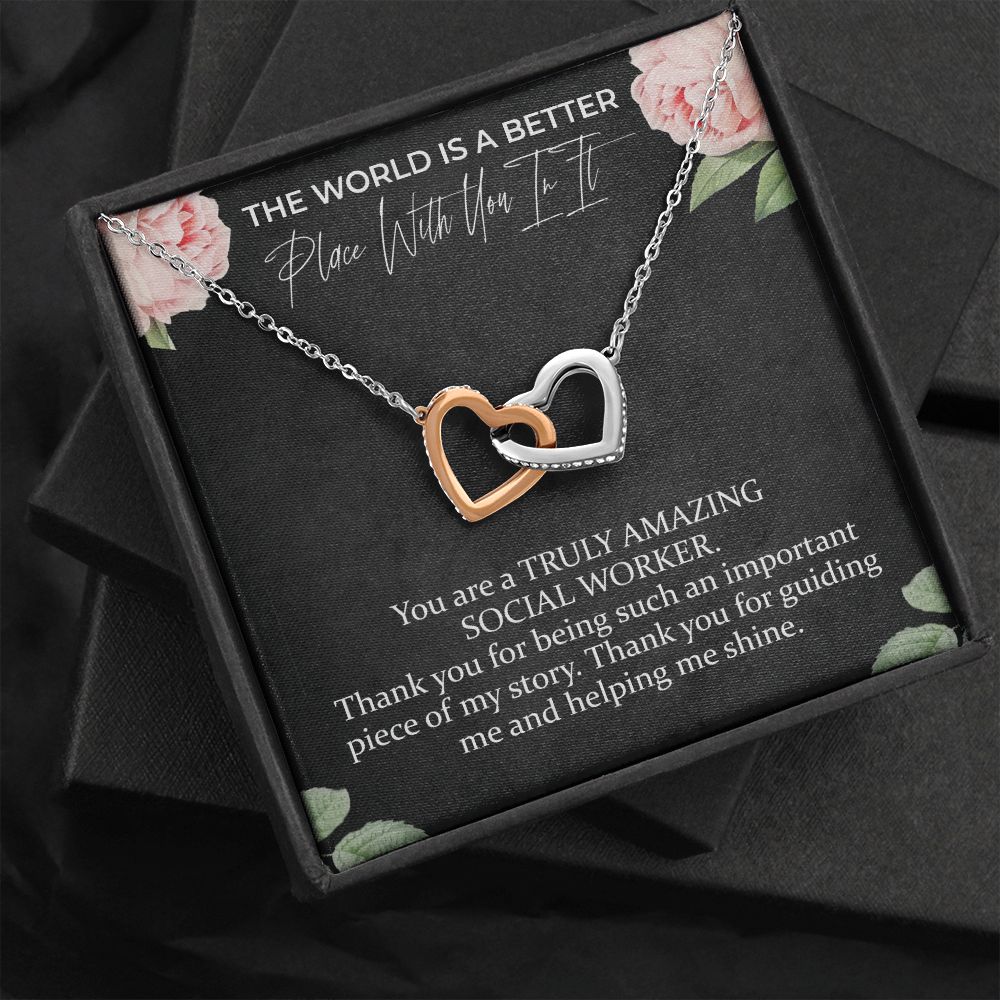 The World Is A Better Place With You In It Interlocking Hearts Necklace | Social Worker Appreciation Gift | Farewell Gift | Amazing Social Worker Gift