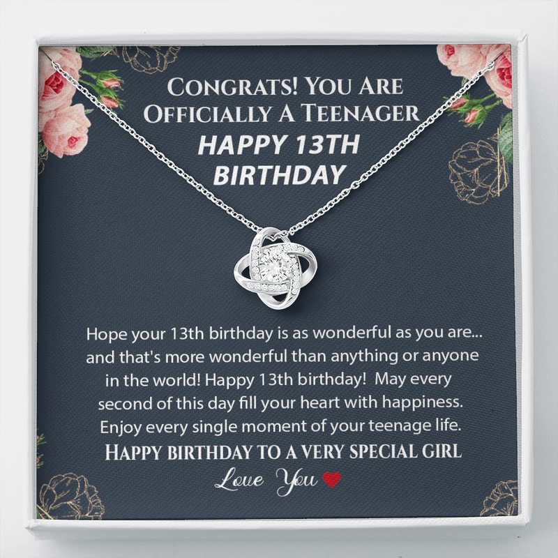 Happy 13th Birthday Official Teenager Love Knot Necklace, 13th Birthday Gift, Thirteenth Birthday Necklace