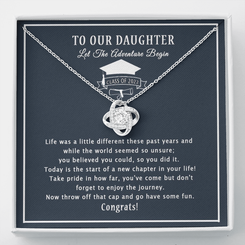 To Our Daughter Let The Adventure Begin Love Knot Necklace, Gift for Graduation, Mom & Dad Graduation Gift