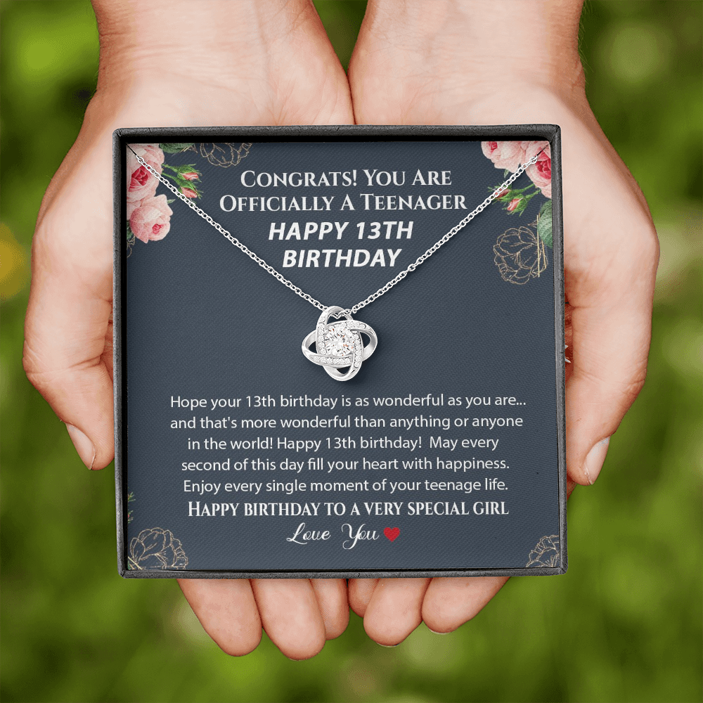 Happy 13th Birthday Official Teenager Love Knot Necklace, 13th Birthday Gift, Thirteenth Birthday Necklace