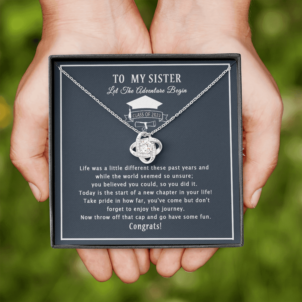To My Sister Let The Adventure Begin Love Knot Necklace, Gift for Graduation, Sister/Brother Graduation Gift