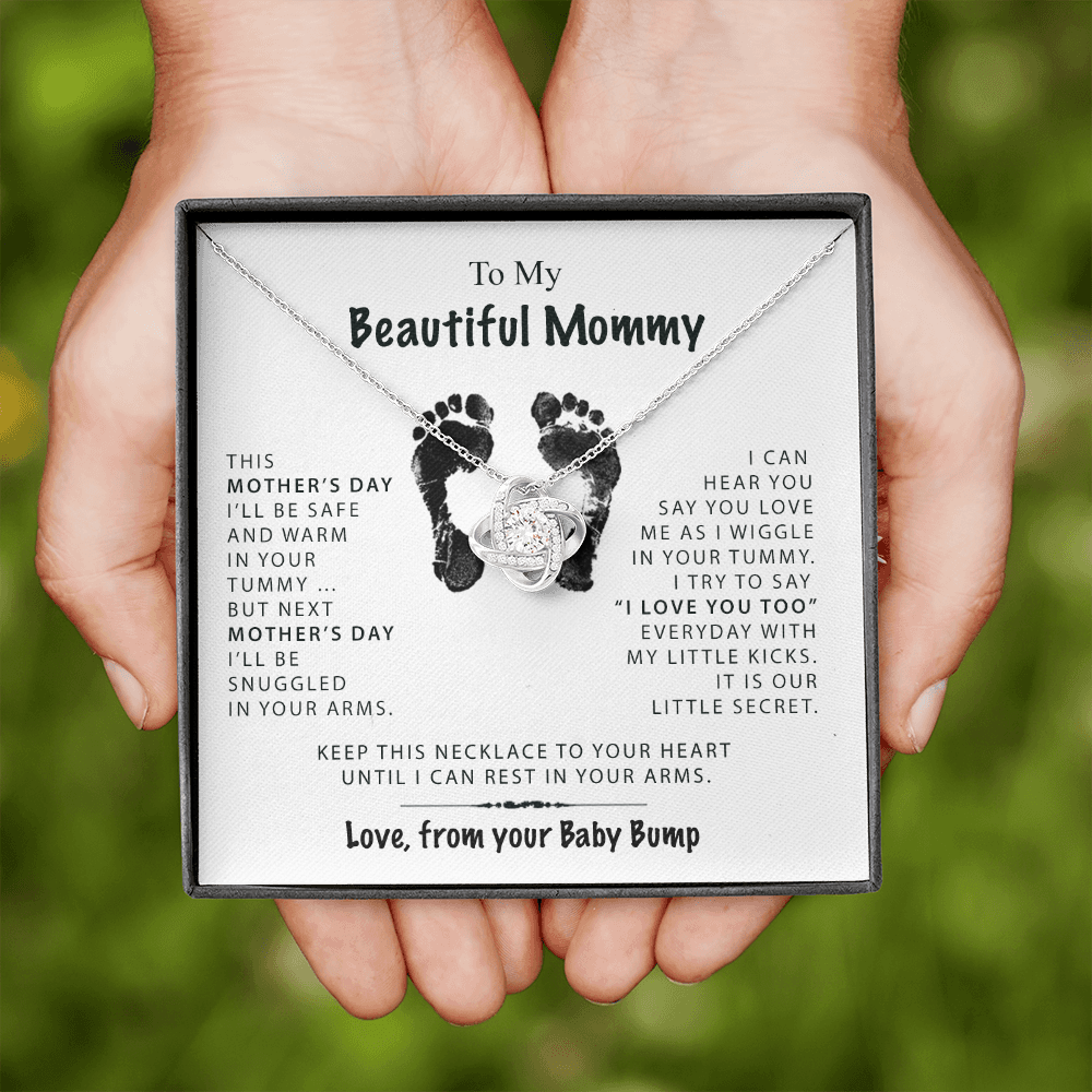 To My Beautiful Mommy Safe & Warm Love Knot Necklace, Gift for New Mom, Mother's Day Gift