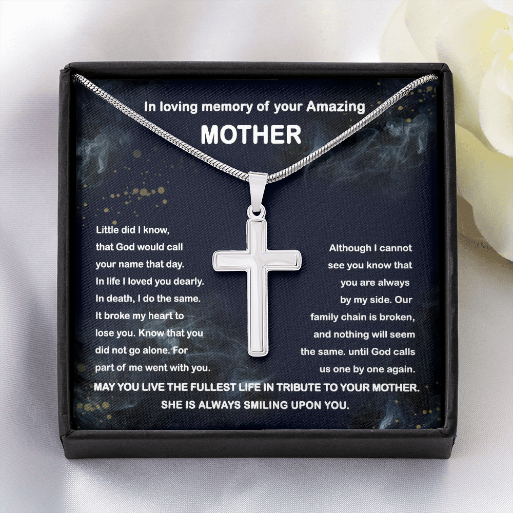 In Loving Memory Of Your Amazing Mother Cross Necklace Chain Link | Mom Memorial Necklace | Loss of Mother Gift | Mother Loss Sympathy Gift