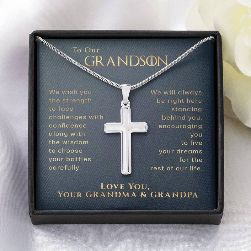 To Our Grandson, Live Your Dreams Cross Necklace | Gift for Grandson from Grandmother & Grandfather | Grandson Birthday, Graduation, Christmas Gift