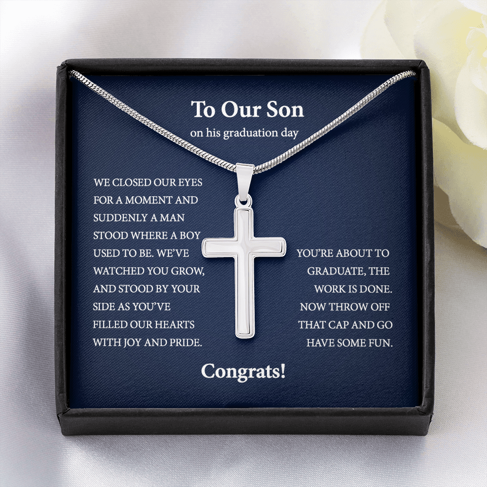 Personalized To Our Son on his Graduation Day Cross Necklace Gift | Gift from Mom | Graduation Gift from Dad | Graduation Gift from Parents