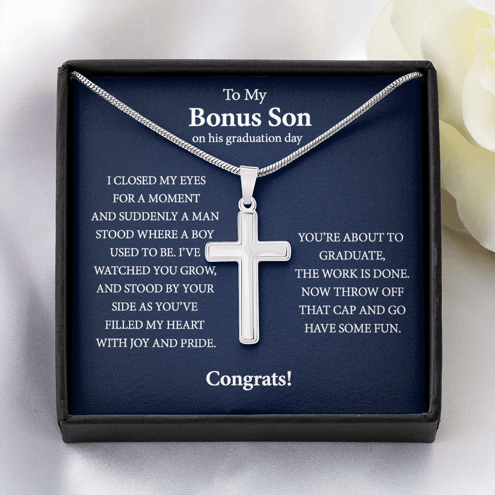 Personalized To My Bonus Son on his Graduation Day Cross Necklace Gift | Gift from Step Mom/ Bonus Mom | Gift from Step Dad/ Bonus Dad | Gift for Step Son