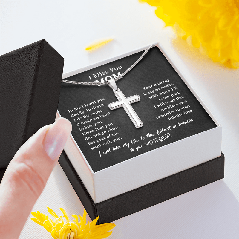 I Miss You Mom Cross Necklace Chain Link | Mom Memorial Necklace | Loss of Mother Gift | Mother Loss Sympathy Gift