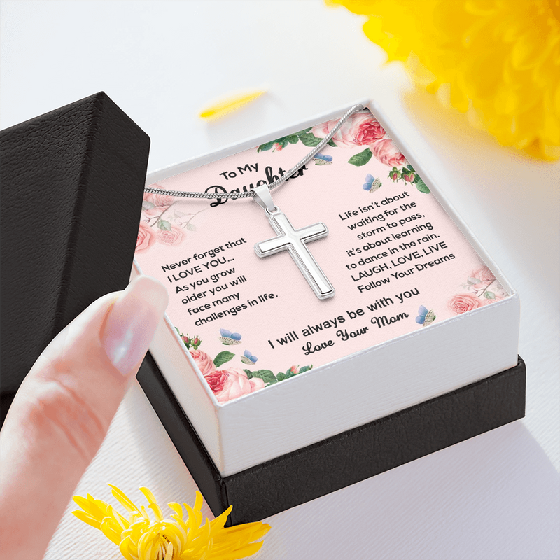 Personalized To My Daughter Cross Necklace Gift| Learn to Dance in the Rain| Motivational Gift for Daughter| Cross Gift for My Daughter| Gift from Mom to Daughter