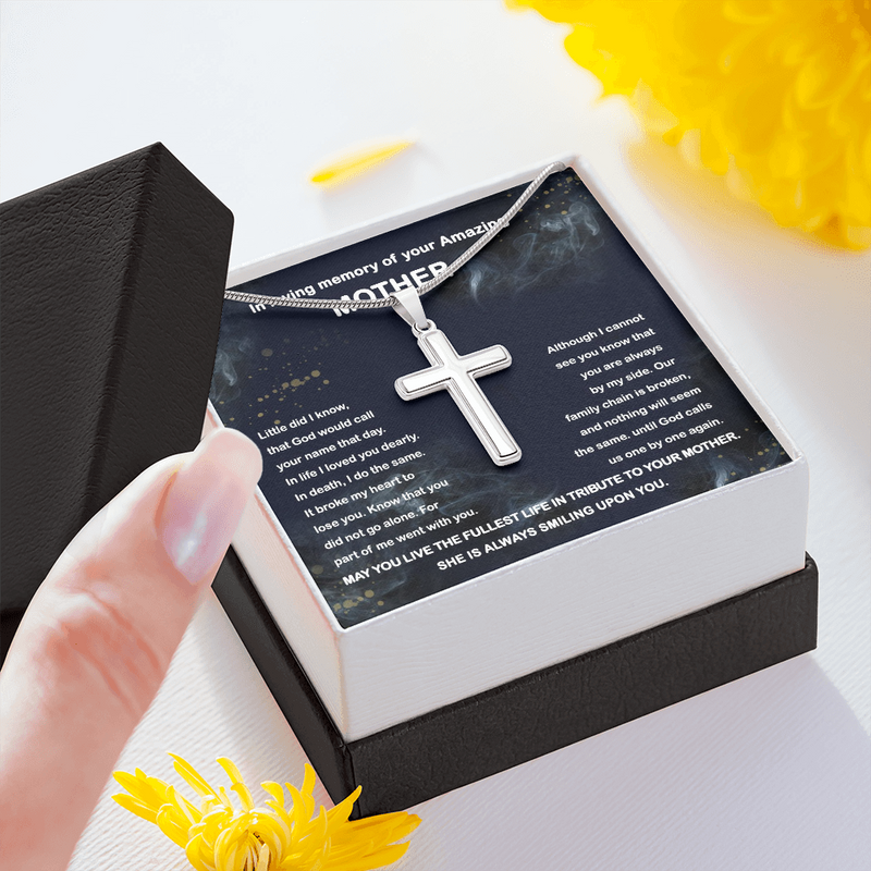In Loving Memory Of Your Amazing Mother Cross Necklace Chain Link | Mom Memorial Necklace | Loss of Mother Gift | Mother Loss Sympathy Gift