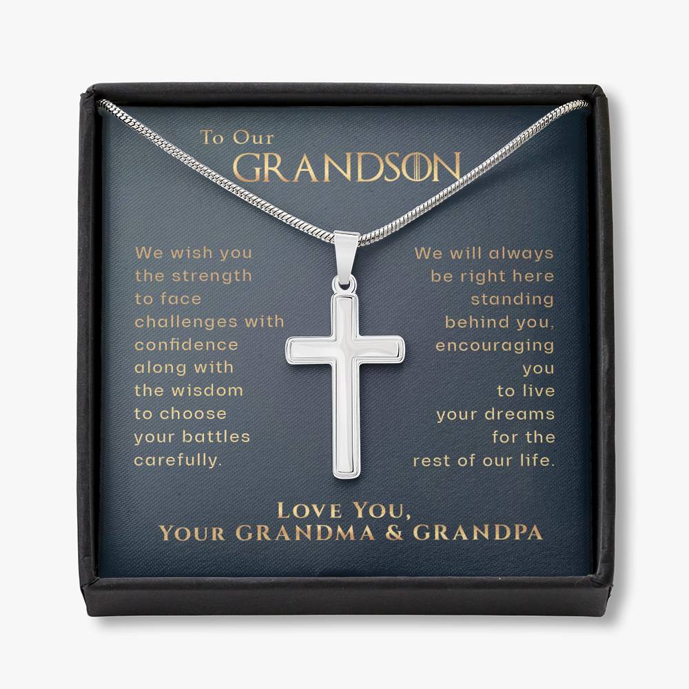 To Our Grandson, Live Your Dreams Cross Necklace | Gift for Grandson from Grandmother & Grandfather | Grandson Birthday, Graduation, Christmas Gift