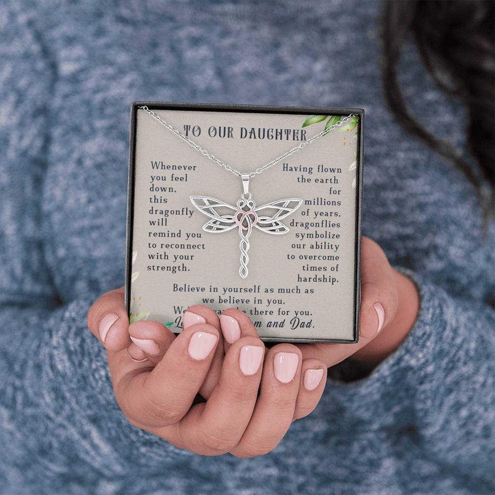 To Our Daughter, Believe In Yourself Dragonfly Necklace | Gift for Daughter from Mom and Dad | Birthday, Graduation Present