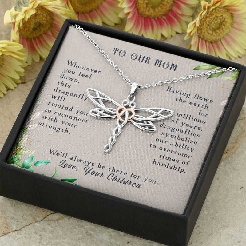 To Our Mom, We'll Always Be There For You Dragonfly Necklace | Gift for Mom from Daughter | Birthday, Mother's Day, Christmas Present
