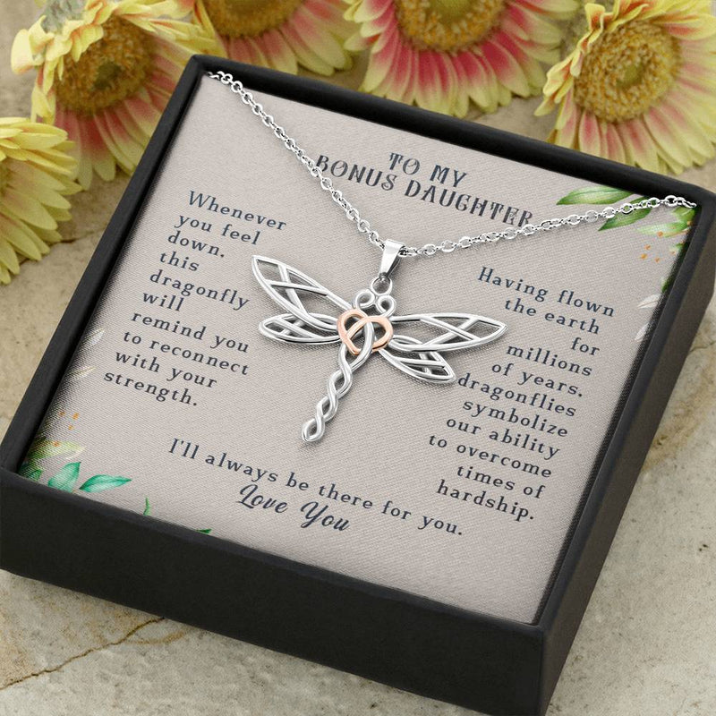 To My Bonus Daughter I Will Always Be There Dragonfly Necklace | Gift for Bonus Daughter from Bonus Mom / Step-Mom / Step-Dad | Birthday, Christmas Present