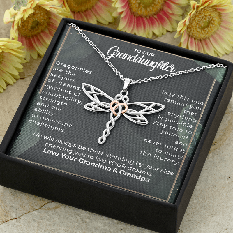 To Our Granddaughter, Live Your Dreams Dragonfly Necklace Your Grandma & Grandpa | Granddaughter Graduation, Birthday Gift