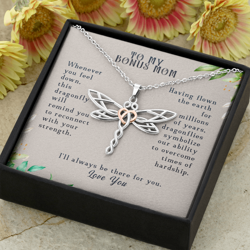 To My Bonus Mom  I Will Always Be There Dragonfly Necklace | Gift for Bonus Mom from Step-Daughter, Step-Son