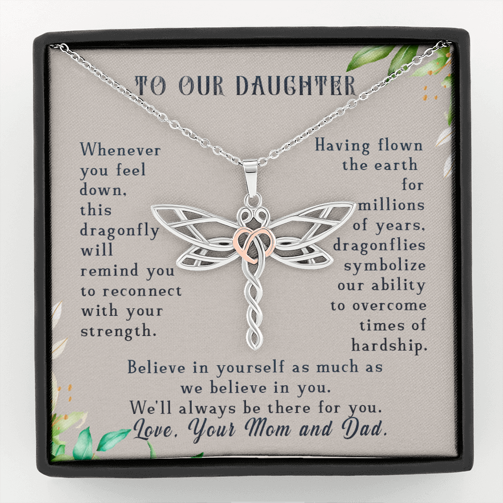 To Our Daughter, Believe In Yourself Dragonfly Necklace | Gift for Daughter from Mom and Dad | Birthday, Graduation Present,