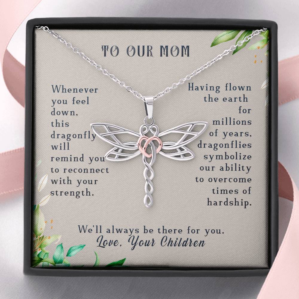 To Our Mom, We'll Always Be There For You Dragonfly Necklace | Gift for Mom from Daughter | Birthday, Mother's Day, Christmas Present