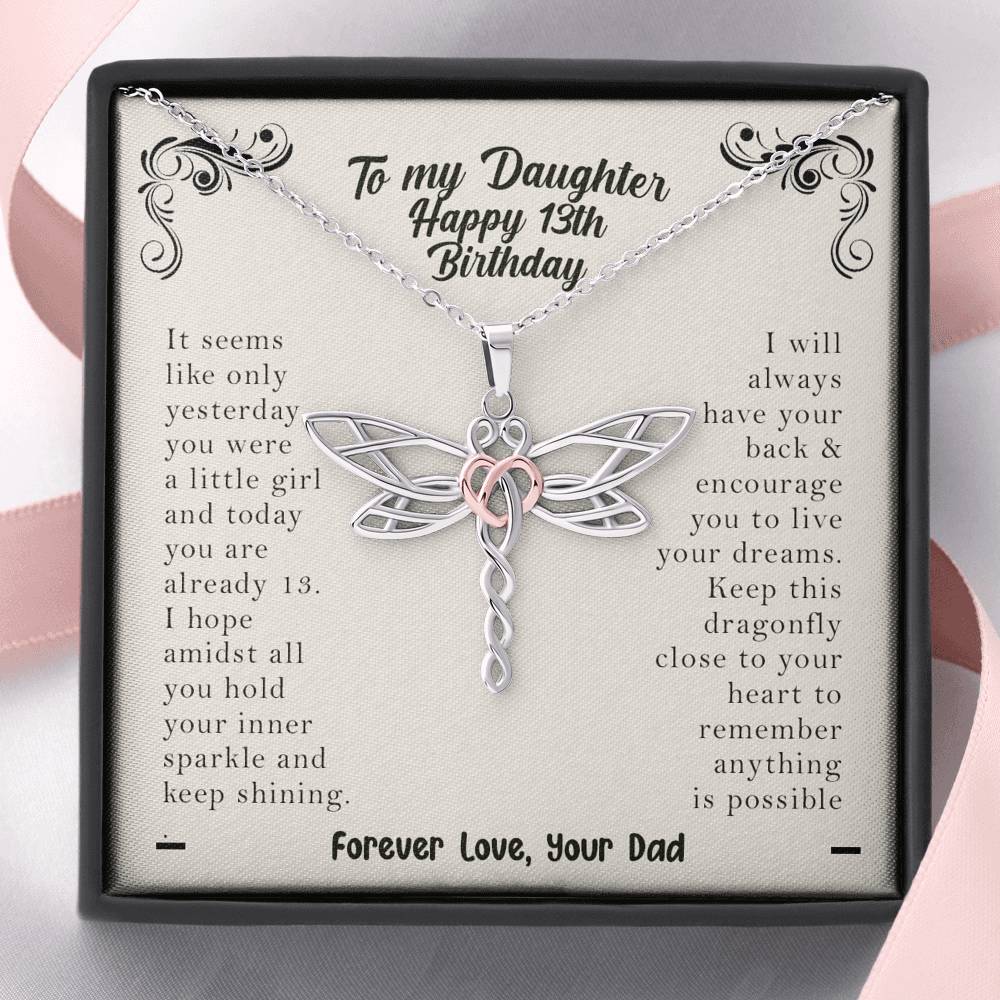 To My Daughter Happy 13th Birthday Dragonfly Necklace | 13th Birthday Gift For Daughter From Dad | Daughter 13th Birthday Gift From Dad