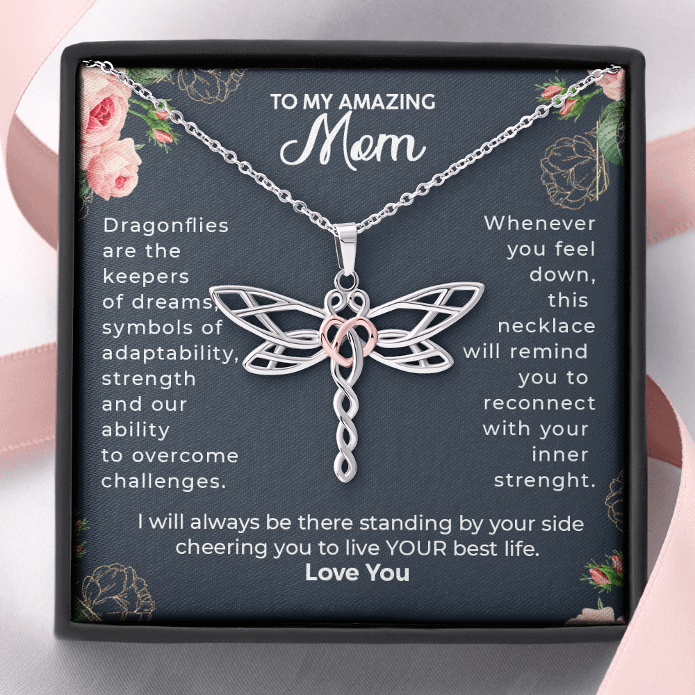 To My Amazing Mom, I Will Always Be There Dragonfly Necklace | Gift for Mom from Daughter or Son | Birthday, Mother's Day, Feel Better Gift