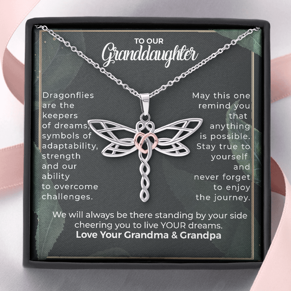 To Our Granddaughter, Live Your Dreams Dragonfly Necklace Your Grandma & Grandpa | Granddaughter Graduation, Birthday Gift