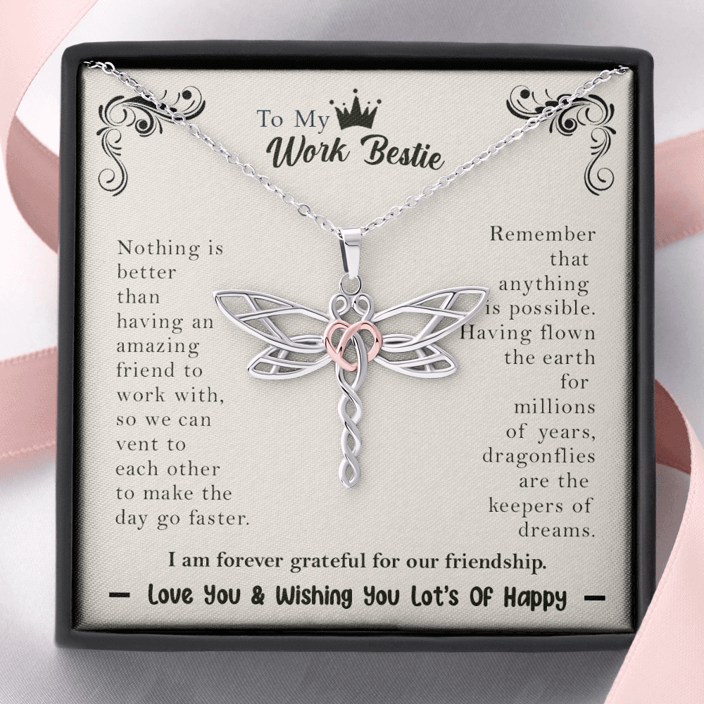To My Work Bestie Dragonfly Necklace | Secret Santa Jewelry Gift, Christmas Gifts Work Friend Coworker, Work Wife Gift for Colleague