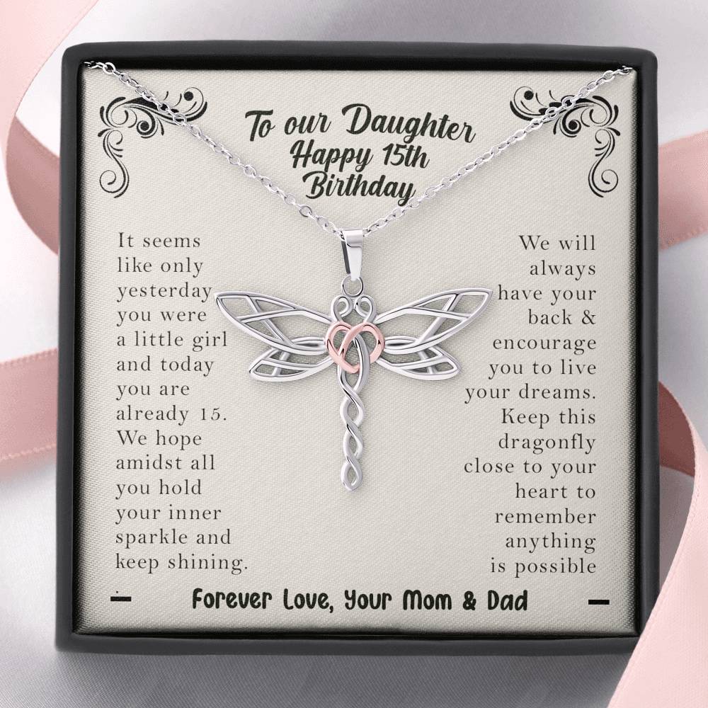 To Our Daughter Happy 15th Birthday Dragonfly Necklace | 15th Birthday Gift For Daughter From Mom & Dad | Daughter 15th Birthday Gift From Mom & Dad