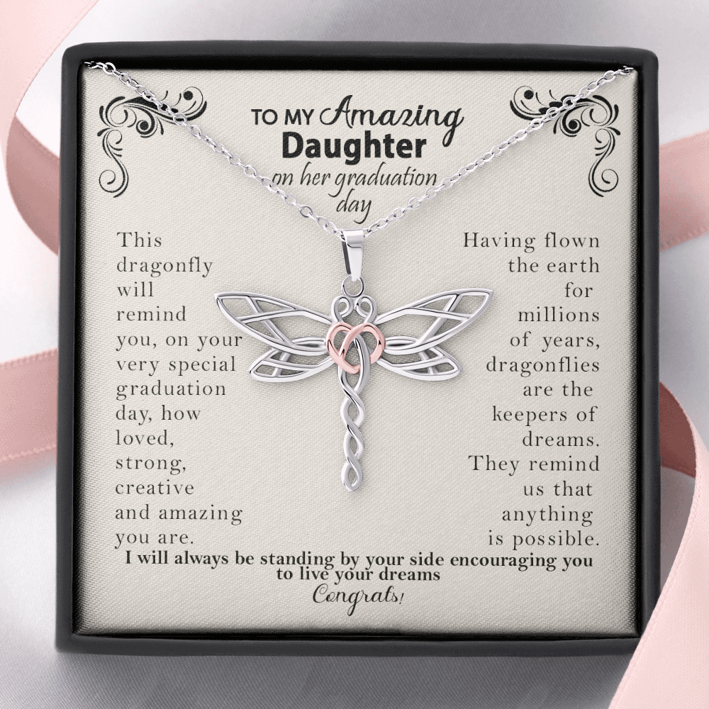 To my Amazing Daughter on her Graduation Day Dragonfly Necklace Gift| Gift from Mom, Gift From Dad| Gift from Parents for Daughters Graduation