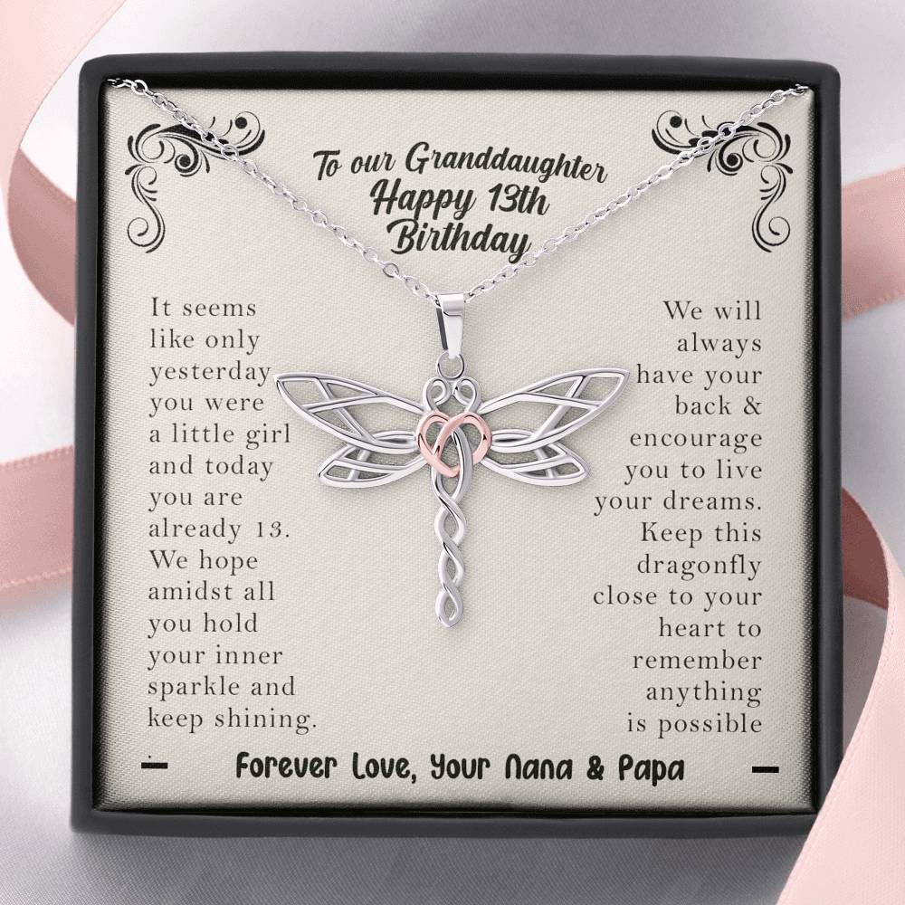 To Our Granddaughter Happy 13th Birthday Dragonfly Necklace | 13th Birthday Gift For Daughter From Mom & Dad | Daughter 13th Birthday Gift From Mom & Dad