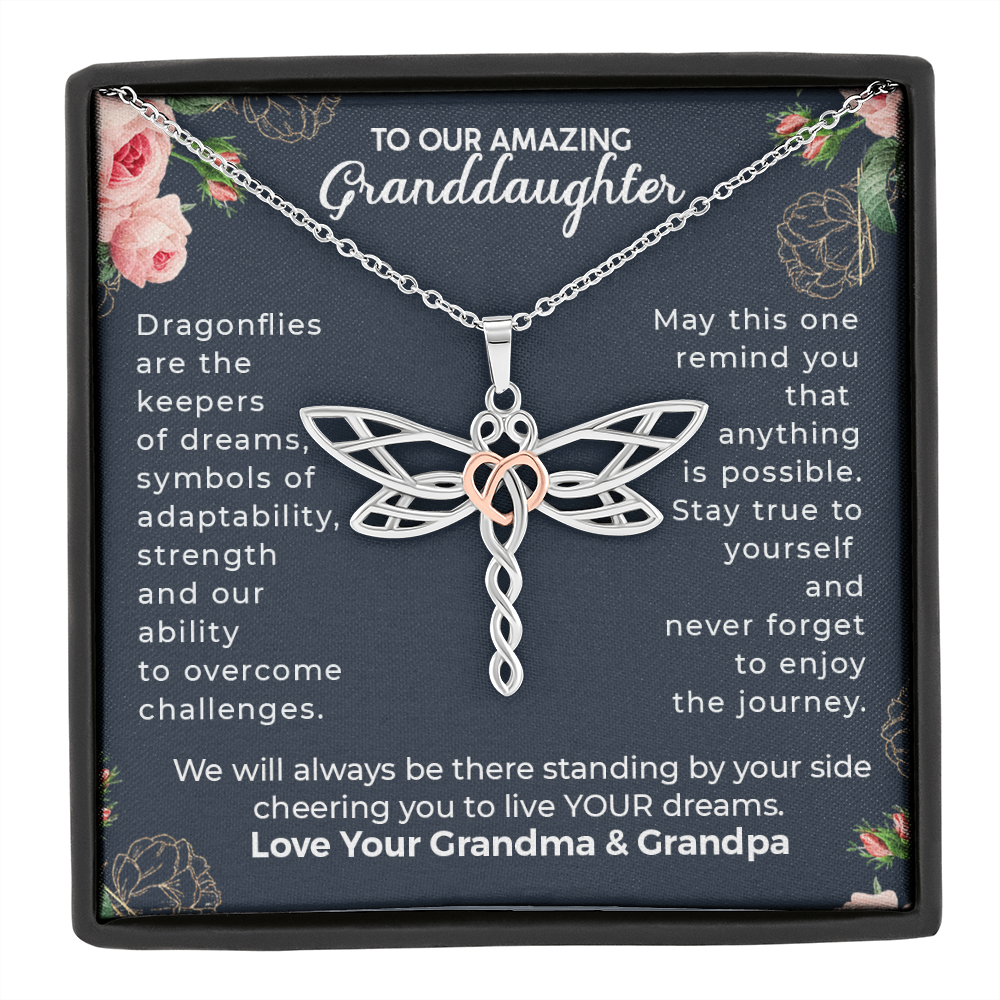 To Our Granddaughter, Live Your Dreams Dragonfly Necklace Your Grandma & Grandpa | Granddaughter Teen Girl Gift