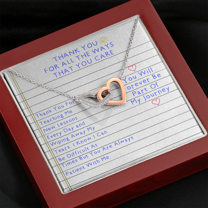 Thank You For All The Ways That You Care Interlocking Hearts Necklace | Thank You Gift for Daycare Teacher | Nanny Gift | Gift for Babysitter | Caregiver Appreciation Gift